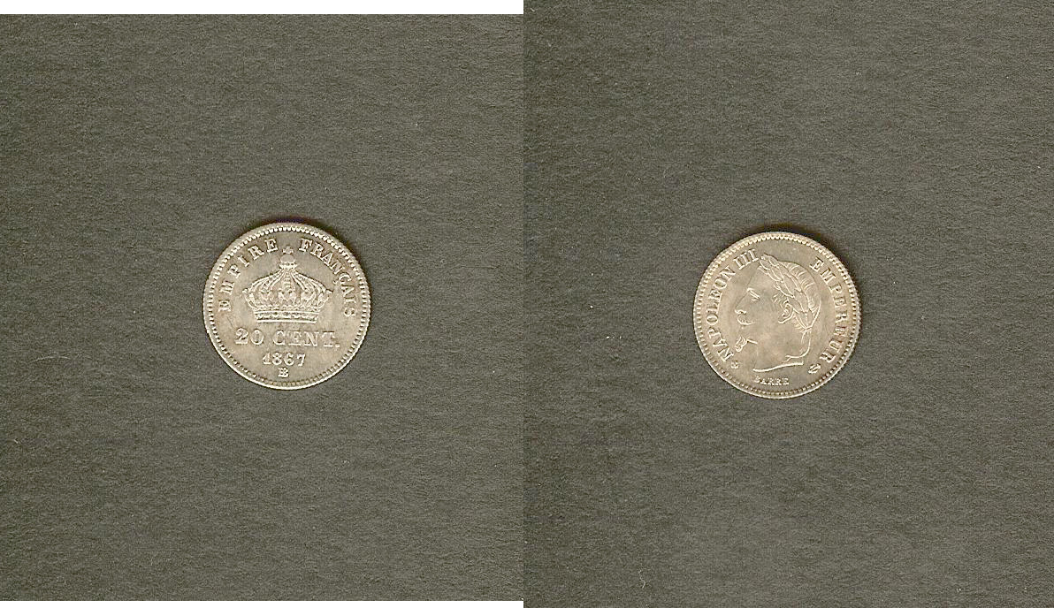 20 centimes Napoléon III, tête laurée, grand module 1867 Strasbo